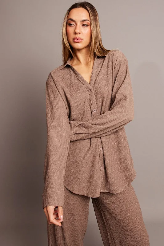 Brown Relaxed Shirt Long Sleeve Textured