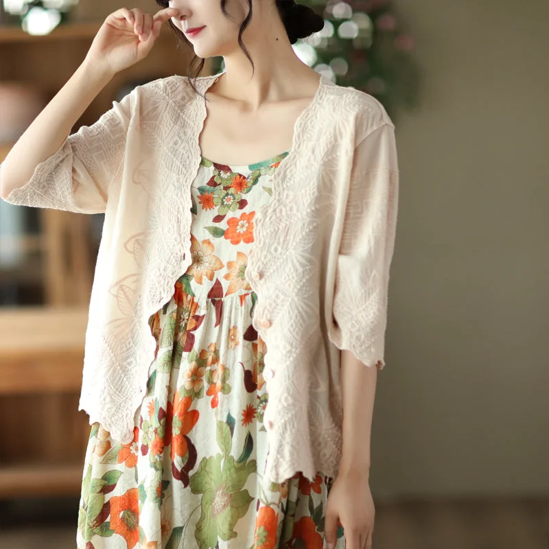 Summer Embroidery Lace V-neck Cotton Cardigan