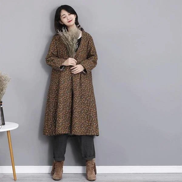 Winter Fashion V-neck Floral Print Cotton Linen Long Coat  Casual Women Outerwear