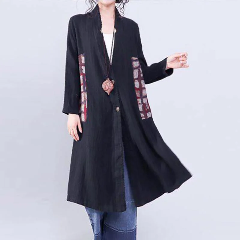 Women Black Coat Casual Patchwork Plus Size Outwear Elegant V Neck Coat